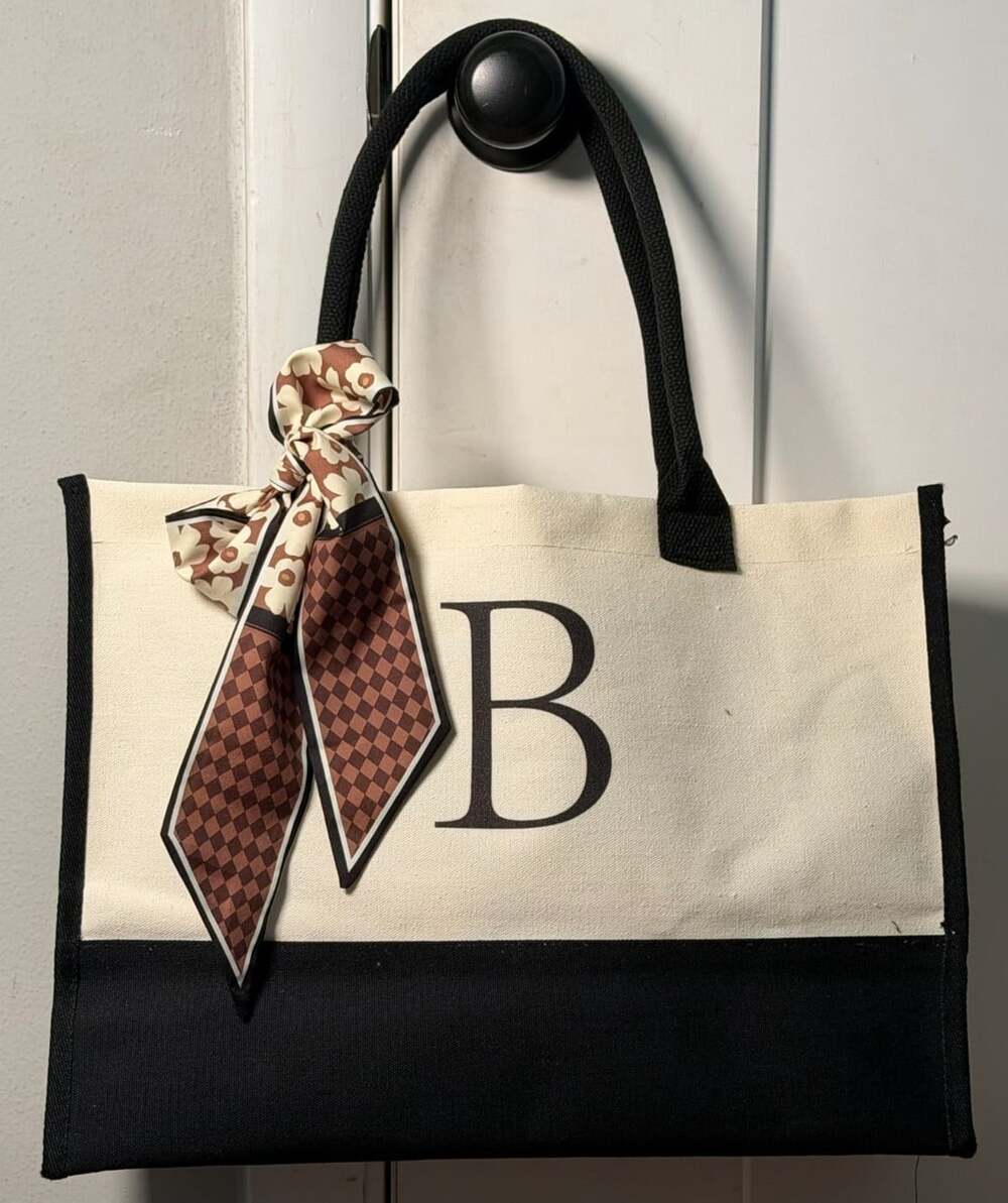 NEW Monogram B Canvas Tote Bag with Decorative Scarf – Black & Cream – Large